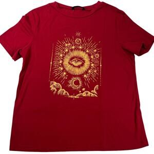 Shein Red Gold Short Sleeve Graphic Eye Moon Star Tee Small  Dark Red